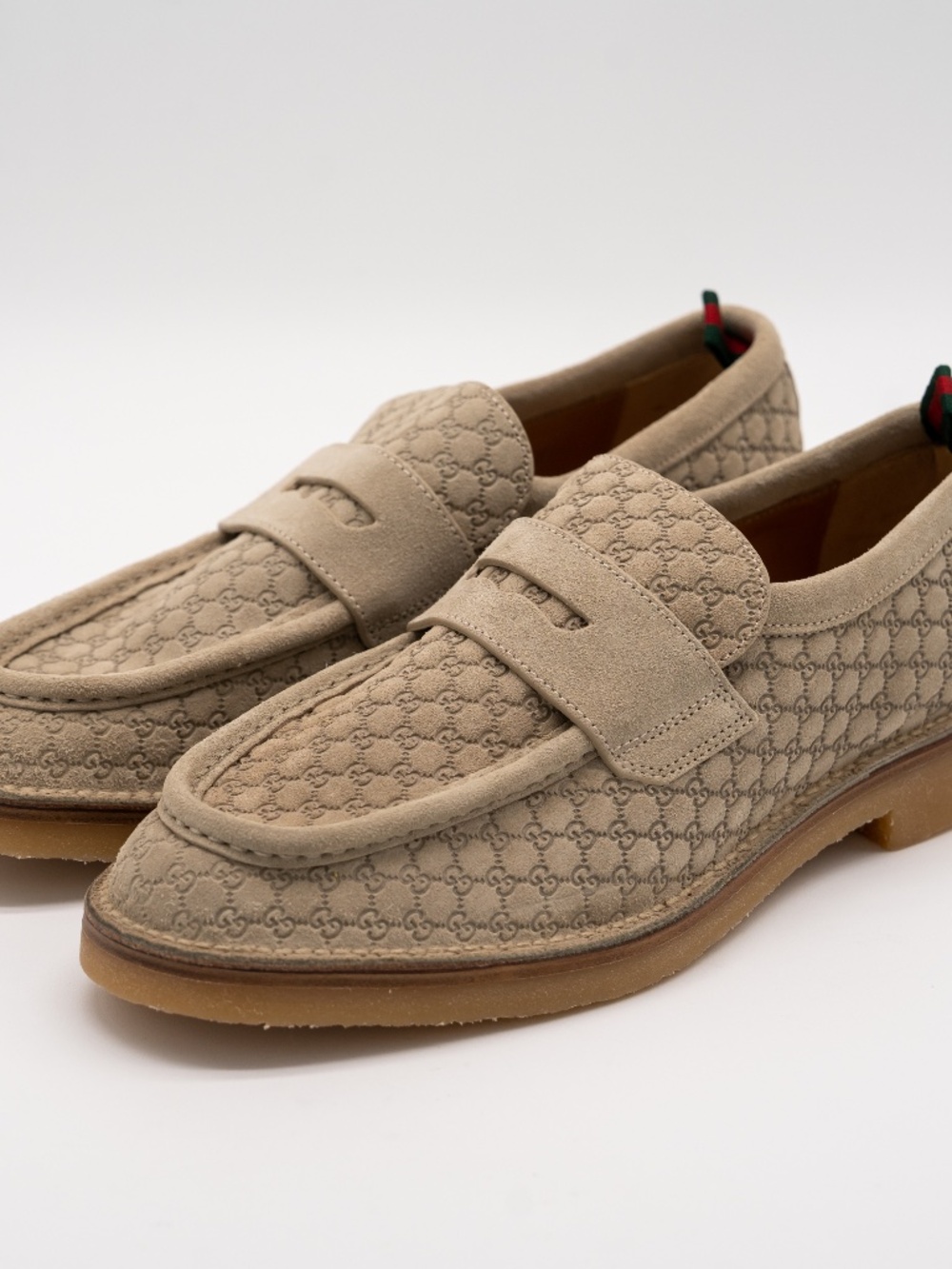 Gucci Men's Penny Loafers GG Moreau Moccasin Beige Suede size 10G 10.5 US